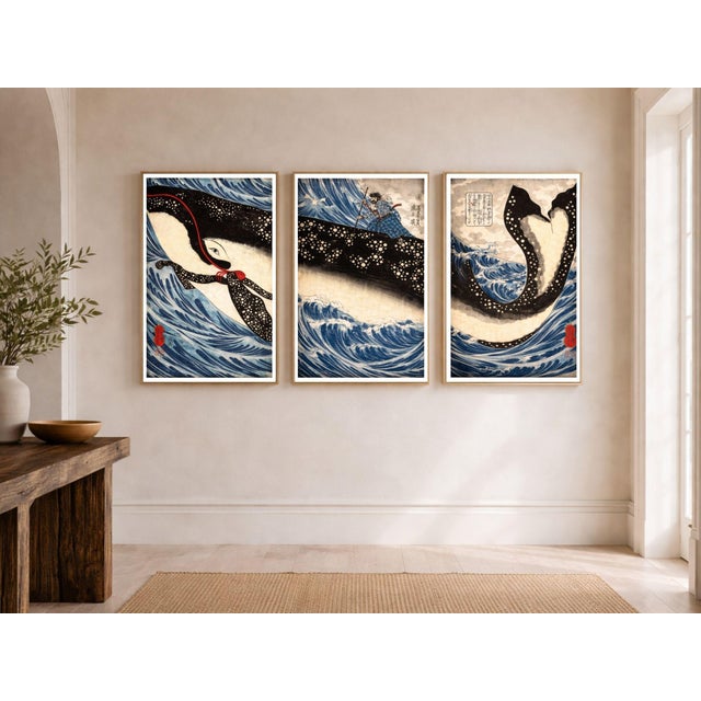 Japanese Japanese Whale Triptych, Kuniyoshi Ocean Scene, Coastal Nautical Art Print Set of 3, 24" × 36" For Sale - Image 3 of 10