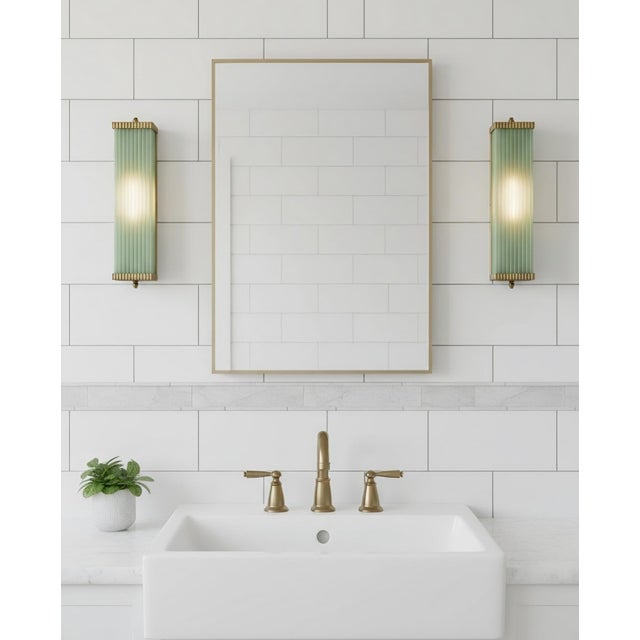 Pair Skyscraper Vintage Art deco light Old Lamp Wall Sconces Fixture Brass & Opaline Green Glass Rod Ship Light Excellent...