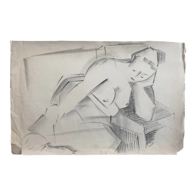 1940s Helen Wagner (American, 1912-1975) - Modernist/Cubist Charcoal Reclining Female Figurative Sketch, Signed For Sale