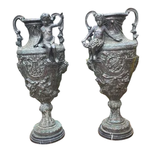 Late 19th Century Pair of Monumental Old World Style Bronze Cherub Urns