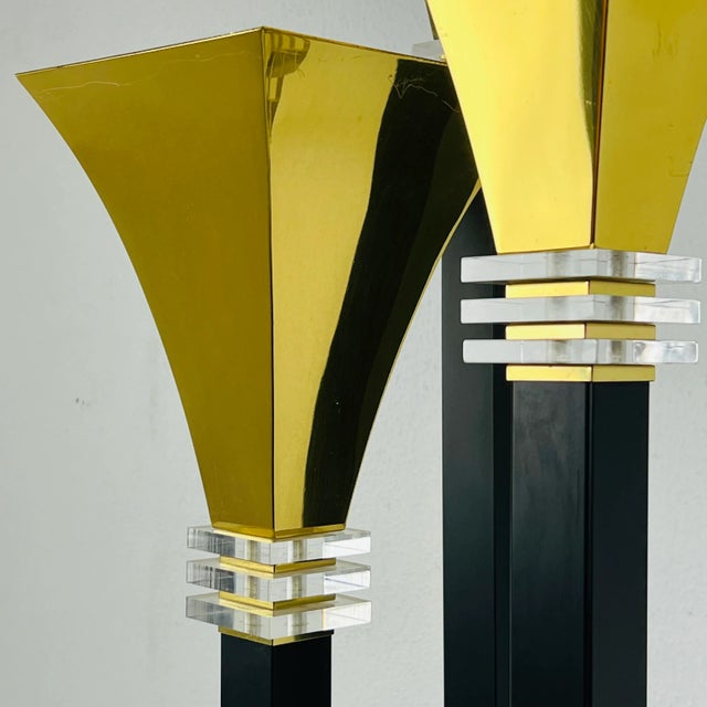 1980s Four Light Brass & Lucite Torchiere Floor Lamp For Sale - Image 4 of 12