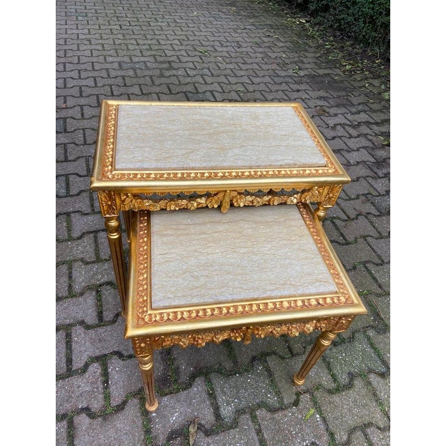 Wood Late 20c French Louis XVI Gold Beech Marble Nesting Tables - 3 PCS For Sale - Image 7 of 18