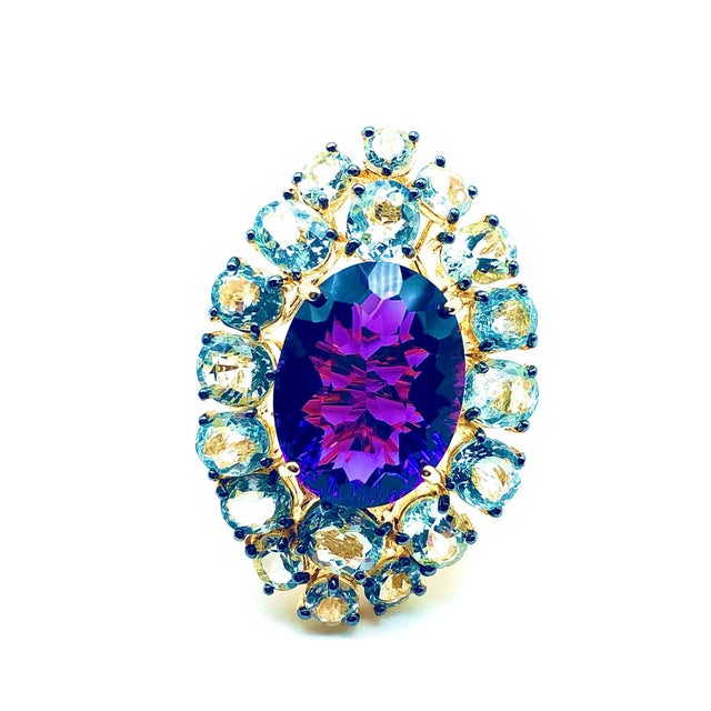 Amethyst Bochic "Orient" Natural Amethyst & Aquamarine Ring Set In 18K Gold & Silver For Sale - Image 8 of 18