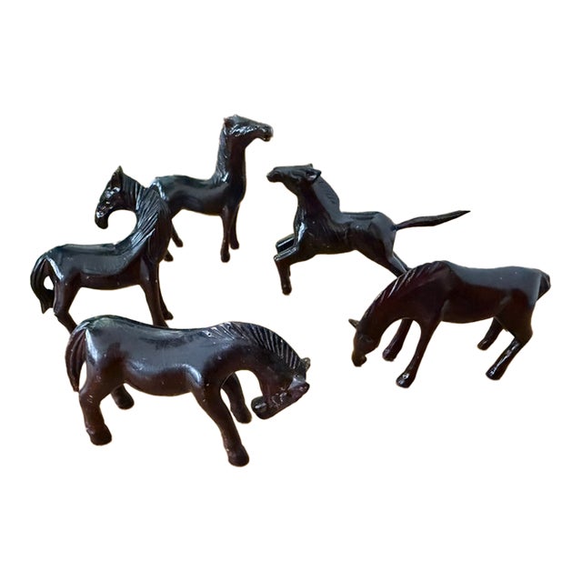 Vintage Carved Dark Wood Horse Figurines, Set of 5 Miniatures For Sale