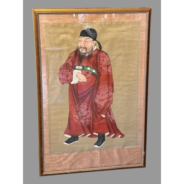 Early 20th Century Pair of Antique Hand Painted Chinese Ancestral Portrait Paintings For Sale - Image 5 of 9