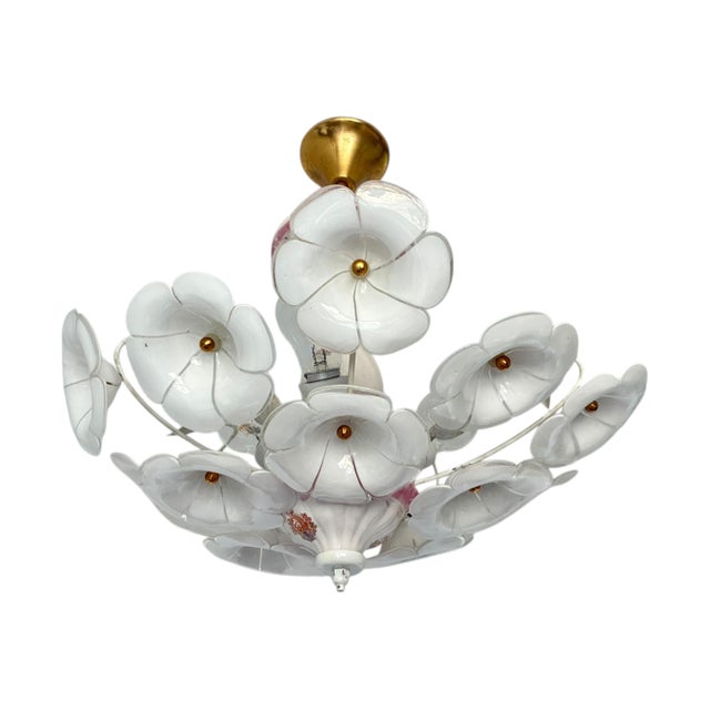 Vintage White Murano Style Floral Chandelier | Italian Art Deco Ceiling Light | 1980s Glass Flower Lighting For Sale - Image 6 of 17