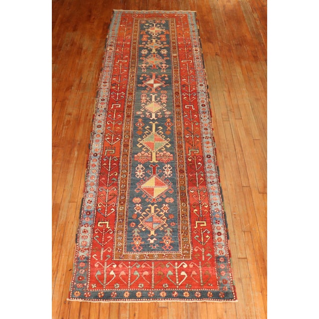 Blue Persian Heriz Serapi Tribal Runner, Early 20th Century - 3'5" x 13'5" For Sale In New York - Image 6 of 6