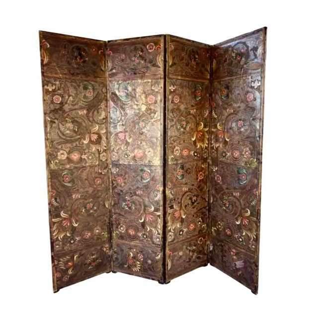 Spanish Painted and Parcel-Gilt Leather Four Panel Screen For Sale - Image 11 of 11