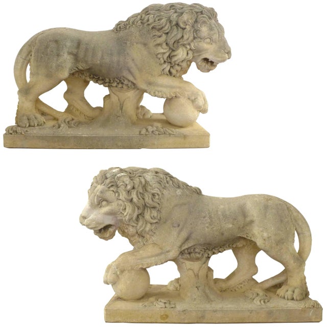 Italian Life-Sized Carved Limestone Lion Statues - a Pair For Sale - Image 11 of 11