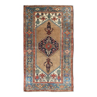 Antique Persian Serab Rug With Stretched Tribal Medallion in Camel, Blue & Ivory 3'5 X 6'3 For Sale
