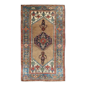 Antique Persian Serab Rug With Stretched Tribal Medallion in Camel, Blue & Ivory 3'5 X 6'3