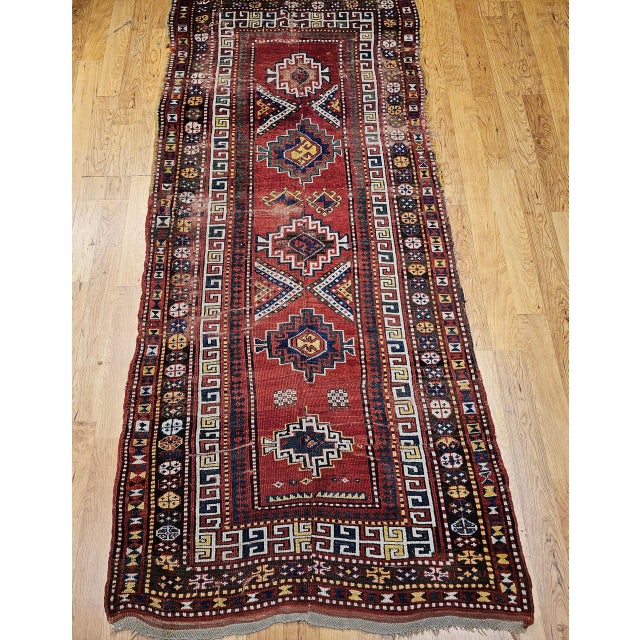 19th Century Caucasian Kazak Rug, Hand-Knotted Wool, Geometric Medallions, 4' x 9' For Sale - Image 9 of 17