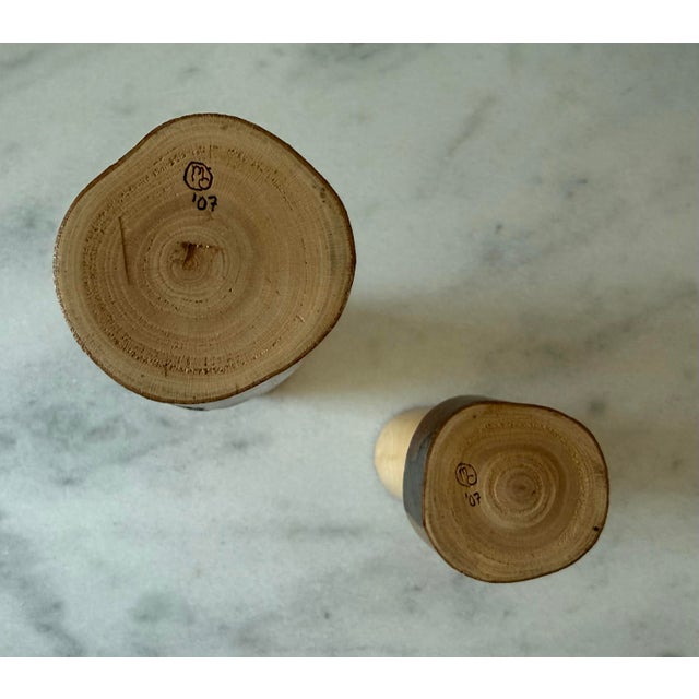 Brown Pair of Vintage Handcrafted Turned Wood Candle Holders For Sale - Image 8 of 9
