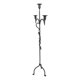 Hand Forged Iron Floor Candelabra 50″ (126cm) Antique Copper Patina 3-Arm Vine & Leaf Detail Rustic Decor For Sale