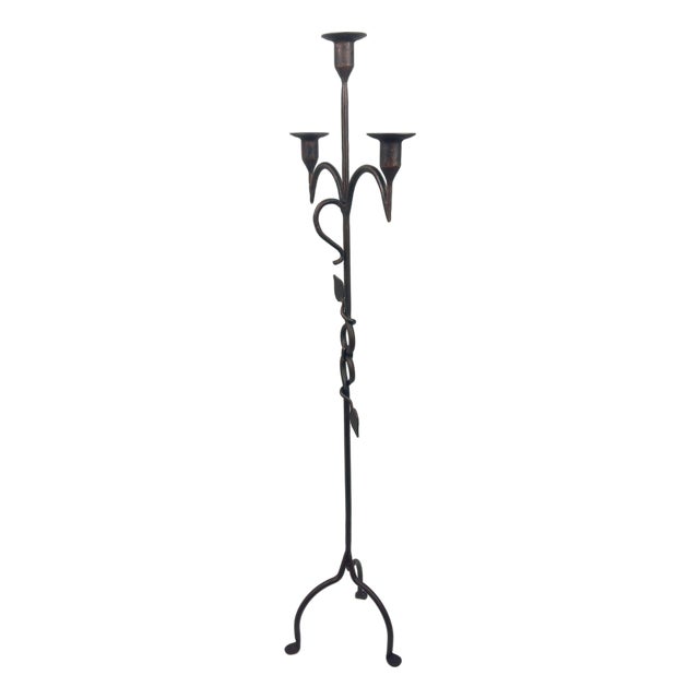 Hand Forged Iron Floor Candelabra 50″ (126cm) Antique Copper Patina 3-Arm Vine & Leaf Detail Rustic Decor For Sale