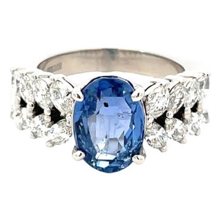 Platinum 3.40 Carat Weight Natural Sapphire & 0.98 CTW Marquise Diamond Ring, Size 4.5 For Sale