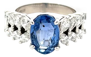 Platinum 3.40 Carat Weight Natural Sapphire & 0.98 CTW Marquise Diamond Ring, Size 4.5