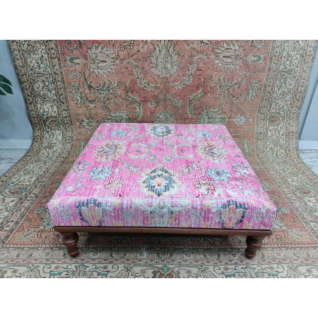 Wood Pink Rug Upholstered Sqaure Coffee Table For Sale - Image 7 of 7