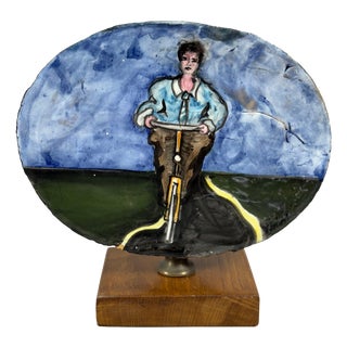 Signed Majolica Sculpture of a Cyclist by Ghini, 1960s For Sale