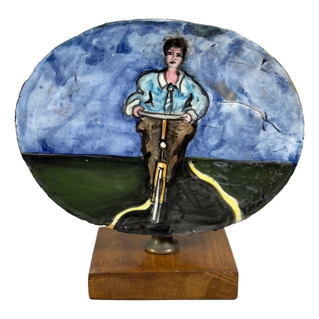 Signed Majolica Sculpture of a Cyclist by Ghini, 1960s For Sale
