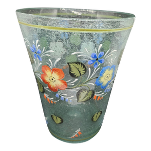 Vintage Handpainted Floral Seeded Polished Bottom Glass Waste Basket