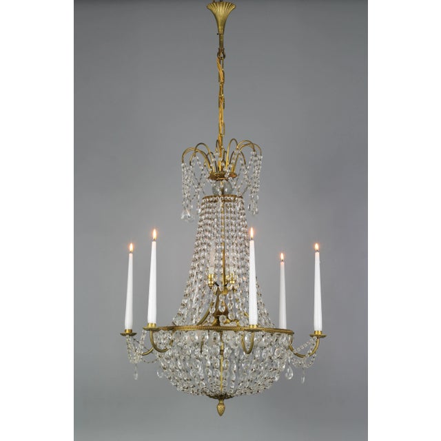 French Louis XVI Style Brass and Crystal Basket 9-Light Chandelier For Sale - Image 3 of 18