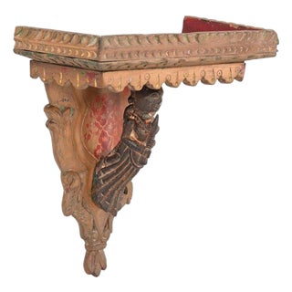 Vintage Indian Carved and Painted Teakwood Wall Shelf For Sale