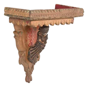 Vintage Indian Carved and Painted Teakwood Wall Shelf