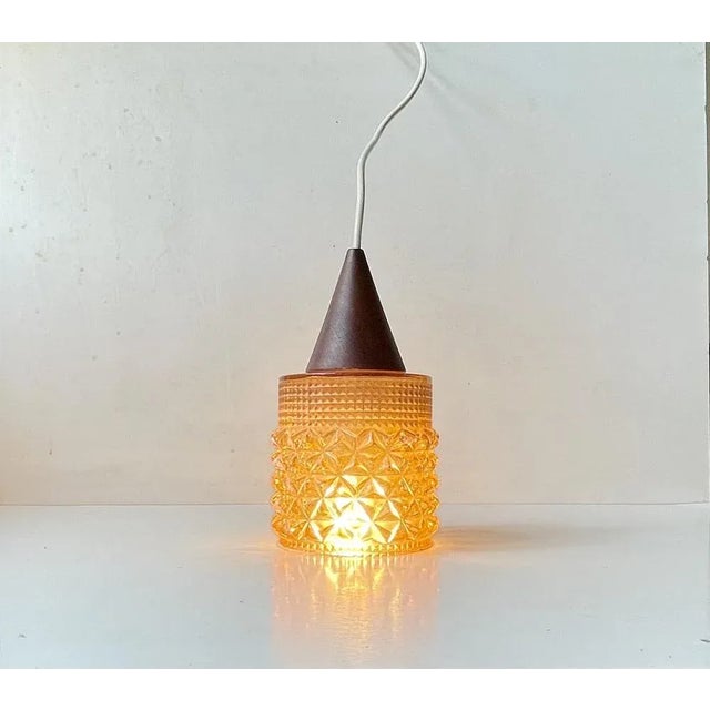 Scandinavian Modern Teak & Honey Glass Pendant Lamp, 1960s For Sale - Image 4 of 7