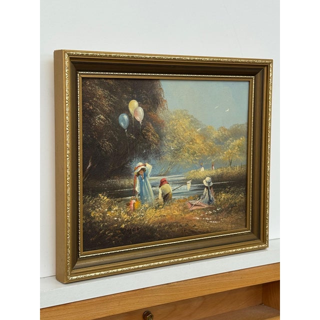Oil Painting of Children Playing on Summers Day in the English Countryside 1980 Circa For Sale - Image 11 of 15
