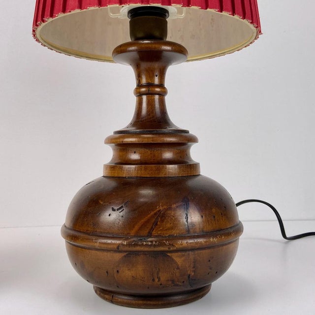 Rustic Wood and Red Paper Shade Table Lamps, 1960s, Set of 2 For Sale - Image 6 of 8
