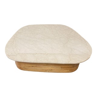 1970’s Rattan Marble Top Coffee Table For Sale