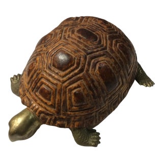 Mid-Century Tortoise Shell Pattern Carved Wood & Brass Turtle For Sale
