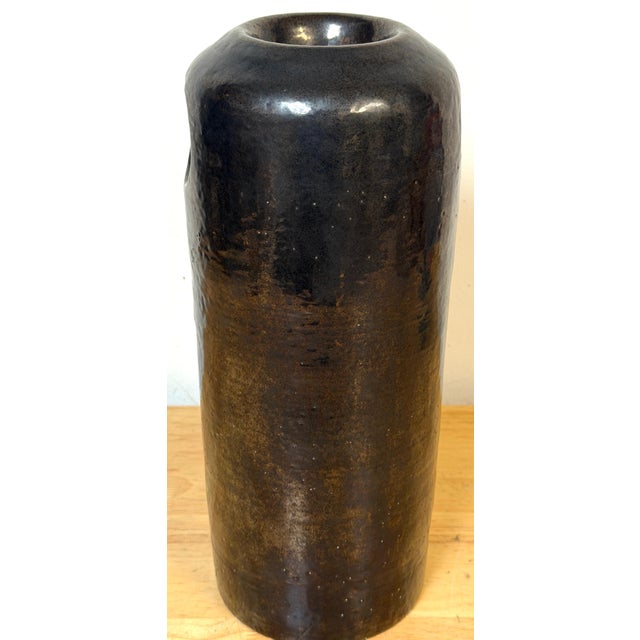 Large Monochrome Black Glazed Studio Pottery Vase with Pierced Openings, Signed For Sale In West Palm - Image 6 of 11