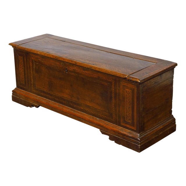 Italian 18th Century Walnut Coffer with Lift Top, Marquetry and Bracket Feet For Sale