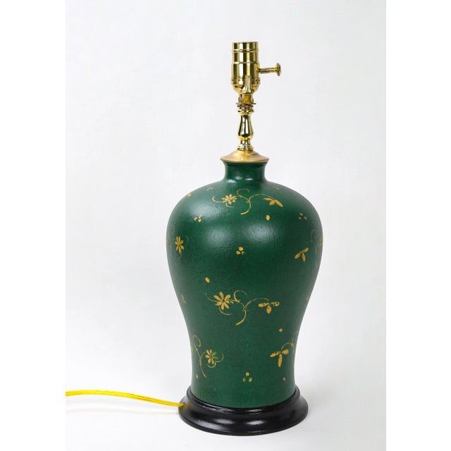 Vintage Painted Gold Design on Green Vase Lamp For Sale - Image 4 of 9