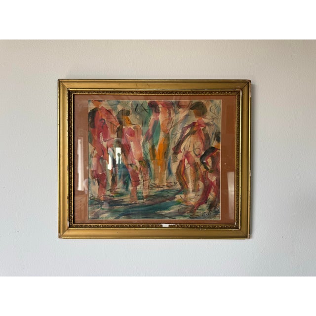 Mid-Century Modern 1961 Virel Impressionist Abstract Watercolor Painting – Framed Under Glass For Sale - Image 3 of 12
