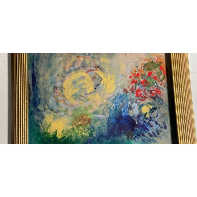 Colorful abstract mixed media painting on cardboard, homage a Theo, signed M Shulga. Framed gold ridged frame.