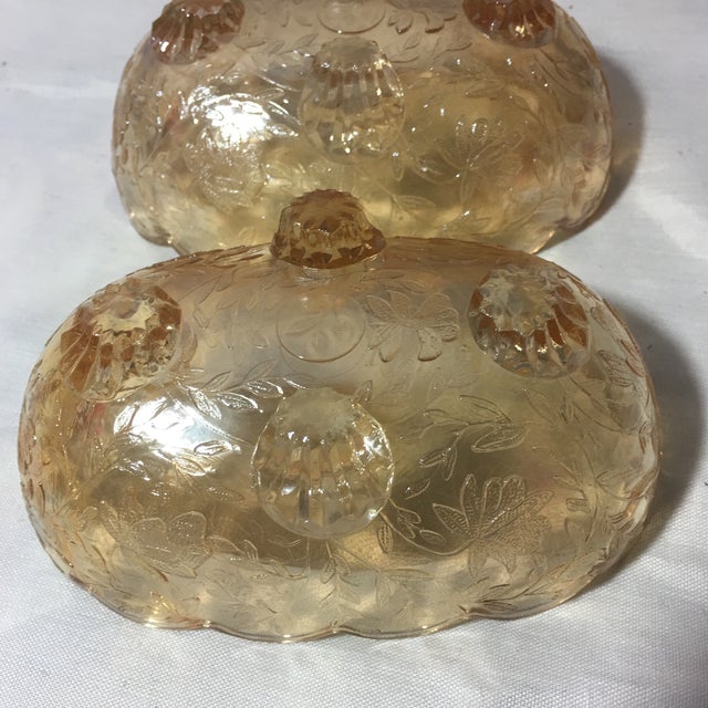 Jeannette Glass Vintage Jeanette Floral Iridescent Floragold Louisa Scallop Footed Oval Bowls - Set of 2 For Sale - Image 4 of 11