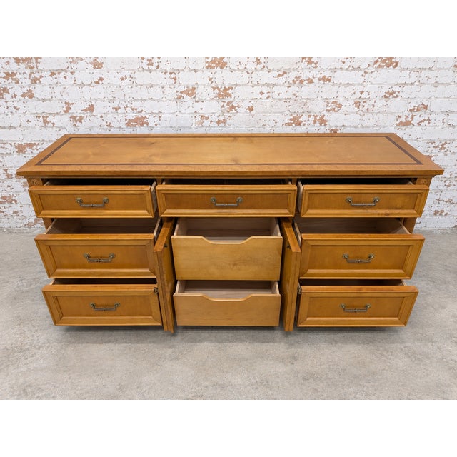 Vintage Art Deco Stanley Furniture Solid Wood Triple Dresser/Credenza With Maple Accents For Sale In New York - Image 6 of 8