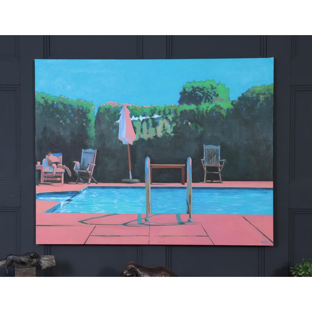 1990s Poolside Painting Signed Tollpin, 1990, Oil on Canvas For Sale - Image 5 of 9
