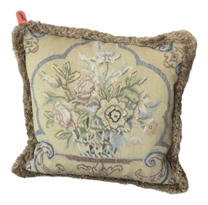 Vintage Handwoven Wool Tapestry Pillow Featuring Basket of Flowers