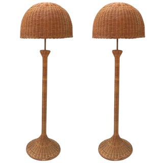Mid-Century Natural Wicker Floor Lamps - A Pair For Sale