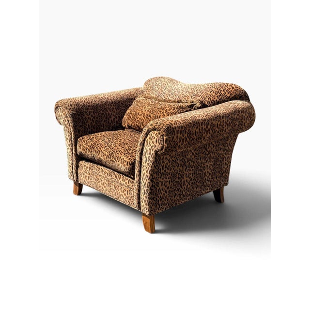 Late 20th Century Oversized Leopard Print Club Lounge Chair | Rolled Arms & Camelback Crest | Includes Bolster Pillow For Sale - Image 5 of 16