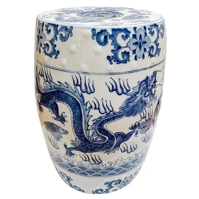 A classic and timeless blue and white porcelain garden stool featuring two dominant Chinese symbols: the dragon which...
