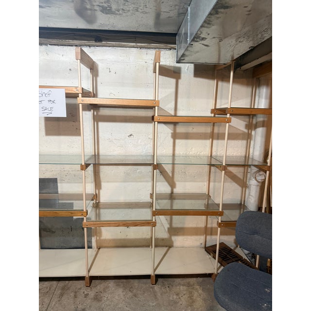 Wood Monumental Vintage Mid-Century Modern 7-Bay Architectural Shelving System – Oak, Steel & Tempered Glass – 13.5 Feet For Sale - Image 7 of 10
