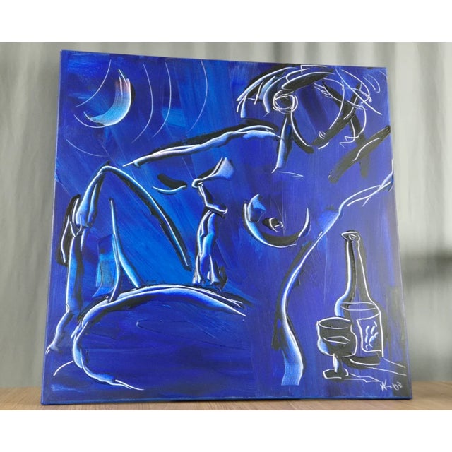 Original oil painting on canvas titled "Blue Moon Nude" by Canadian artist Mark Kasav. Signed lower right, hand titled,...