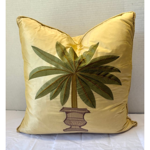 Yellow Golden Palm Trees Silk Throw Pillows Pair with embroidery Palm Leaves. Cord Trim with invisible zipper. Down...