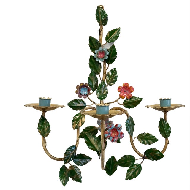 Vintage Mid-Century Italian Tole Floral Candle Sconce For Sale
