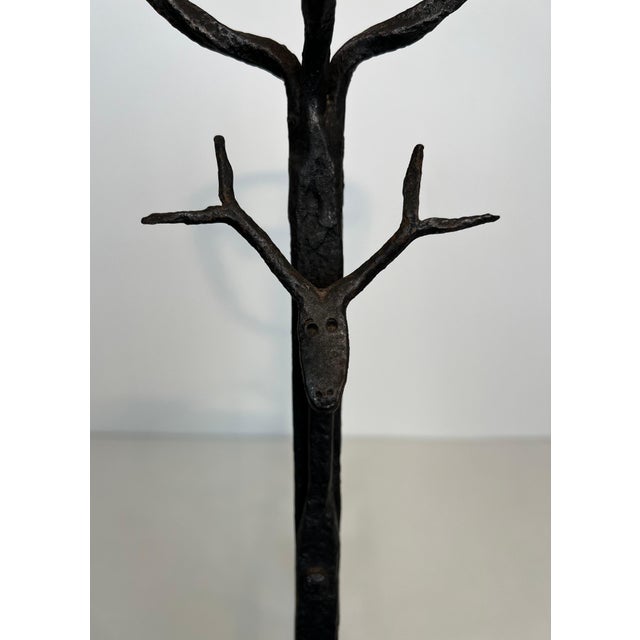 Important pair of wrought iron border andirons with deer heads For Sale - Image 9 of 12